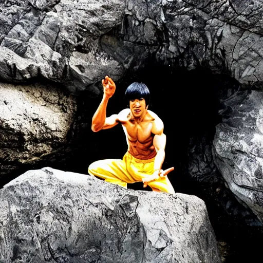 Prompt: Bruce Lee hidden in a rock in the middle of a mountain stream