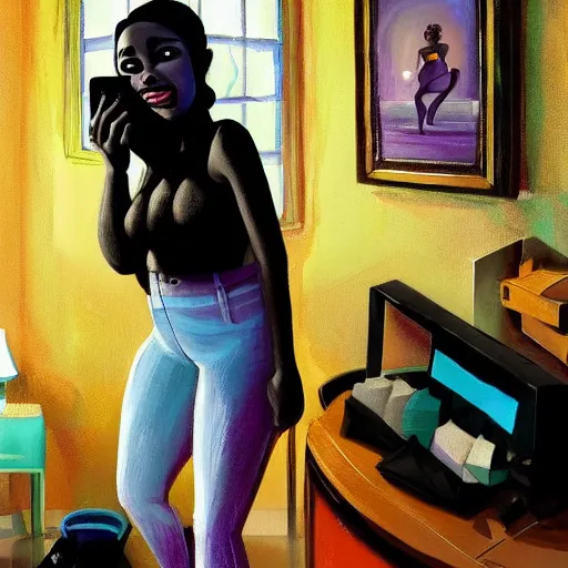 Prompt: stunning, coherent, beautiful painting, still of a creepy man following a beautiful black bbw woman into her bedroom , she is taking a selfie of the creepy man is following her, 3d, in the style of pixar, comic book style, 3d, highly detailed, highly detailed, sharp focus, bokeh, depth of field, 16k resolution, Unreal Engine 5, coherent, cinematic lighting, photorealistic, by Zhang Jingna