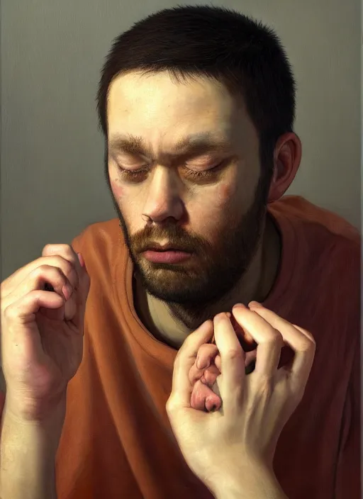 Prompt: insanely detailed portrait of a sleepy - looking programmer guy begging for forgiveness in front of his ultrawide monitor, oil on canvas, masterwork, fine detail, trending on artstation, emotive, insanely compelling, ryden, koons, moebius