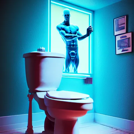 Prompt: Digital art High detailed Dr.Manhattan in Ukrainian village house by Taras Shevchenko, siting on a toilet, photorealism, by Beeple,8K,Pentax 67, Kodak Portra 400, rendered in Octane render