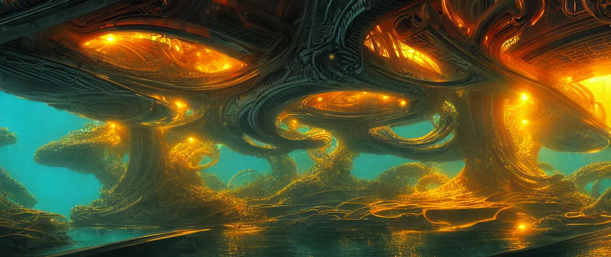 Prompt: hyperrealistic ornate underwater borg city of atlantis on giant orange and yellow cyborg tentacles matte painting concept art alex grey hajime sorayama cinematic soft red lighting low angle hd 8k sharp shallow depth of field