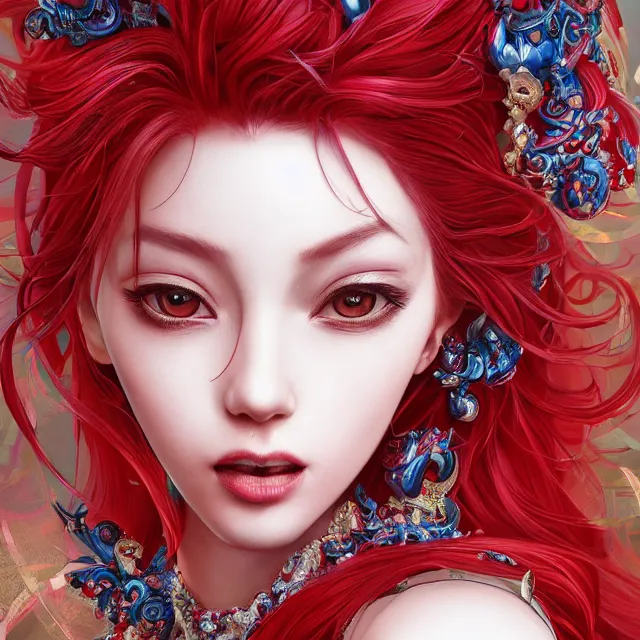 Image similar to portrait of a red gem ruby personified as an absurdly beautiful, elegant, young hypercolorful sensual gravure idol, ultrafine hyperrealistic detailed face illustration by kim jung gi, irakli nadar, intricate linework, sharp focus, bright colors, matte, octopath traveler, final fantasy, unreal engine highly rendered, global illumination, radiant light, intricate environment