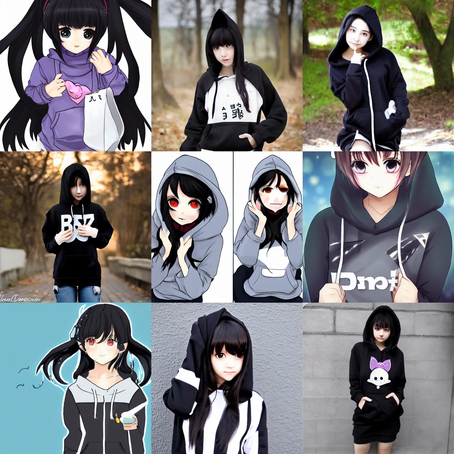 Prompt: black haired cute girl wearing hoodie danbooru