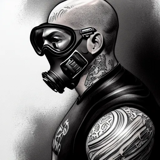 Prompt: a profile photo of a man with diving mask with tattoos on arm and neck, side profile in underwater, highly detailed, digital painting, artstation, concept art, smooth, sharp focus, illustration by Adrian Smith