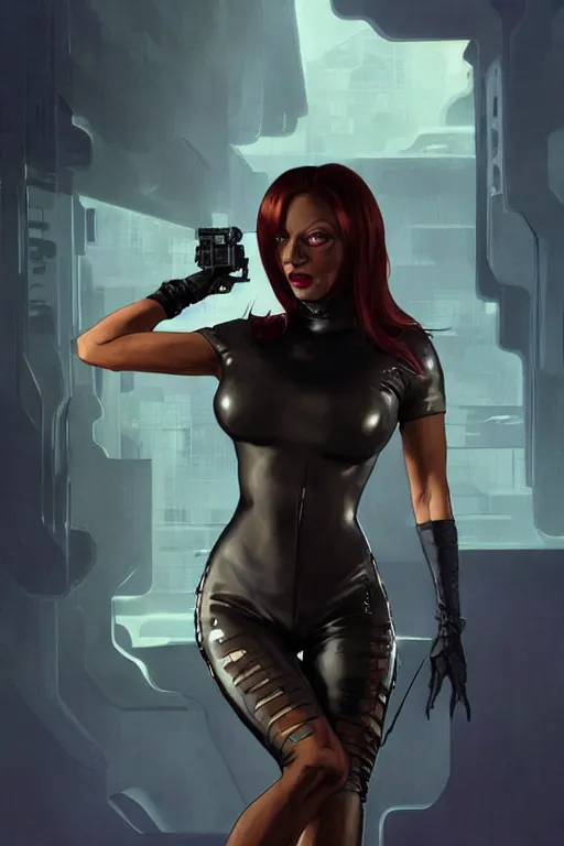 Image similar to gta scary spice as aeon flux profile picture by greg rutkowski, dynamic pose, flat matte painting, intricate, futuristic, fantasy, elegant, by stanley artgerm lau, greg rutkowski, thomas kindkade, alphonse mucha, loish, norman rockwell, fantasy lut, asymmetric, long hair, retro computer graphics, video game, fluid lines,
