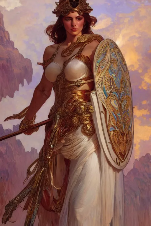 Image similar to painted portrait of artemis wearing armor, greek god, feminine, powerful, beautiful, upper body, white robe, muscular, fantasy, intricate, elegant, highly detailed, digital painting, artstation, concept art, smooth, sharp focus, illustration, art by gaston bussiere and alphonse mucha