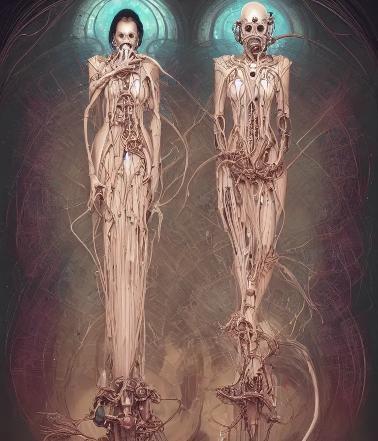 Image similar to fully symmetrical centered portrait of a beautiful princess in robe. artificial muscles, ribcage, bones, hard surface modelling. cyberpunk look. biomechanical mask. bio luminescent biomechanical halo around head. jellyfish. artwork by jarold Sng by artgerm, by Eddie Mendoza, by Peter mohrbacher by tooth wu by alfons mucha, unreal engine, octane render, cinematic light, iridescent details, iridescent colors, dichroic, macro, depth of field, blur