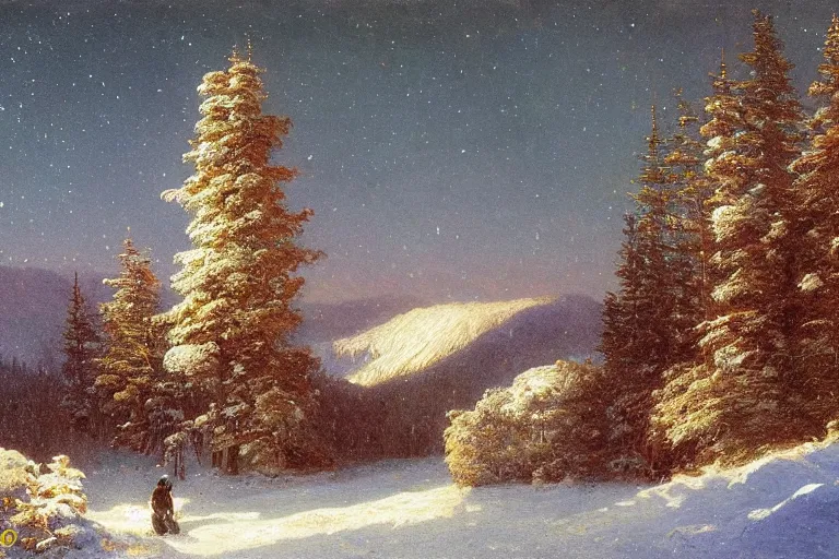 Image similar to mountains, trees, beautiful nature, winter, night, stars, snow, very detailed, focused, oil painting, colorful, canvas, artstation, Sydney Mortimer Laurence, Albert Bierstadt, Theodor Kittelsen, Hans Dahl, Konstantin Yakovlevich Kryzhitsky, Hermann Hendrich