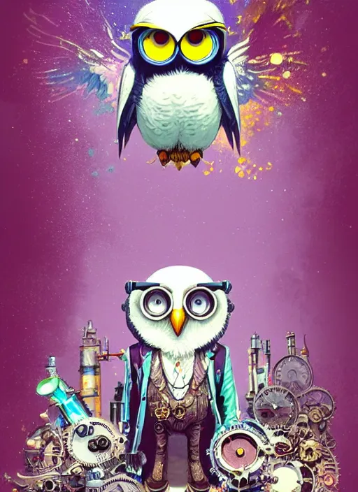 Image similar to anthropomorphic wise wealthy white - owl travels through time via steampunk portals, pixiv fanbox, dramatic lighting, maximalist pastel color palette, splatter paint, pixar and disney exploded - view drawing, graphic novel by fiona staples and dustin nguyen, peter elson, alan bean, wangechi mutu, clean cel shaded vector art, trending on artstation