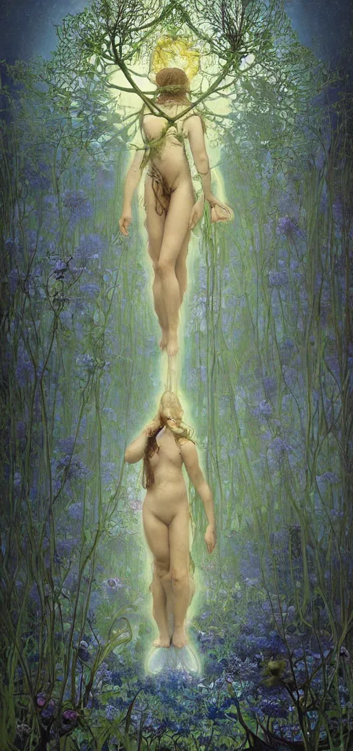 Prompt: painterly dreamy Kupala Night in the blue night forest with trees which have eyes, giant flowers, glowing owls, deers, beautiful women, lianas, thistles, giant fantasy creatures, a stream and sky with moon and stars by Alphonse Mucha, Beksinski, Alex Grey, Aron Wiesenfeld, tranding on artstation and Giger dark fantasy, witcher, very detailed oil painting in the alla prima style, volumetric lighting, masterpiece, 8k