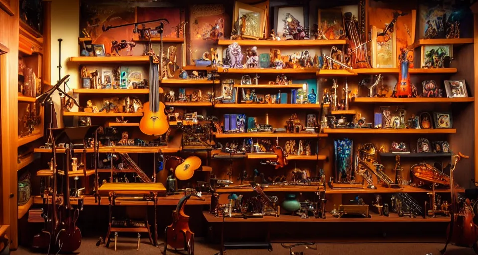 Prompt: a shelf of amazing magical musical instruments, cinematic lighting, detailed, beautiful colors, by greg rutowski and studio ghibli