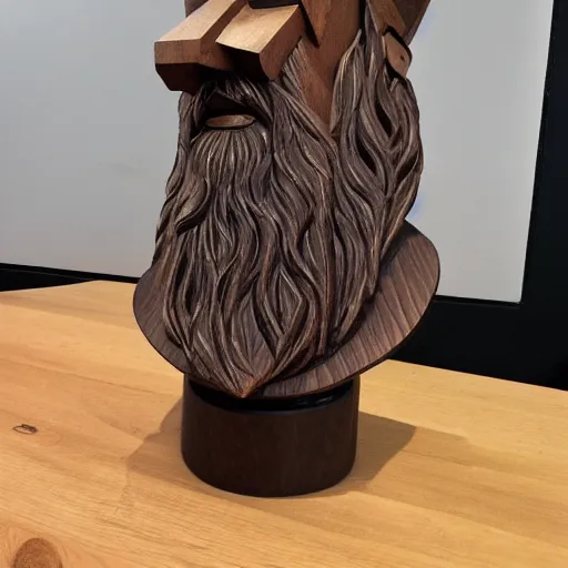 Image similar to wooden sculpture of a bearded viking wearing a vr headset, polished maple, thoughtful, elegant, real