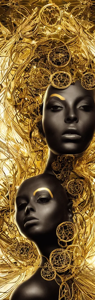 Image similar to epic pencil drawing illustration, gold bodypaint, neobrutalistic, digital abstract sculpt of beautiful female face and black swirling latex acrylic portrait, black latex sculpt, minimalism, mechanical superstructure, strong wind, sacred geometry, 8 k, cinematic, magic hour, beautiful light, sculpture of carving marble, dark colors, filigree ornaments, one point light, clockwork,