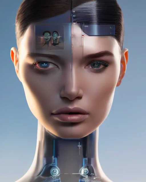 Image similar to a beautiful half body image of a futuristic android with body made of translucent plastic, short hair made of colored cellophane with mechanical internal parts, symmetrical and realistic proportions by Irakli Nadar, tom bagshaw, Charlie Bowater with details by Jason Felix, furio tedeschi, face by ilya kuvshinov, artgerm, cinematic backlit lighting, beauty retouch, elite, photo realistic, octane render, hyper real, ultra detailed, trending on artstation pinterest and deviantart