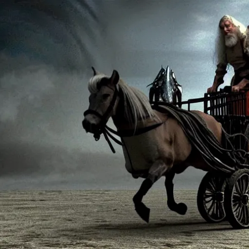 Image similar to gandalf riding in a cart being pulled by a horse, style of h. r. giger, cinematic, movie still, cgi, directed by ridley scott