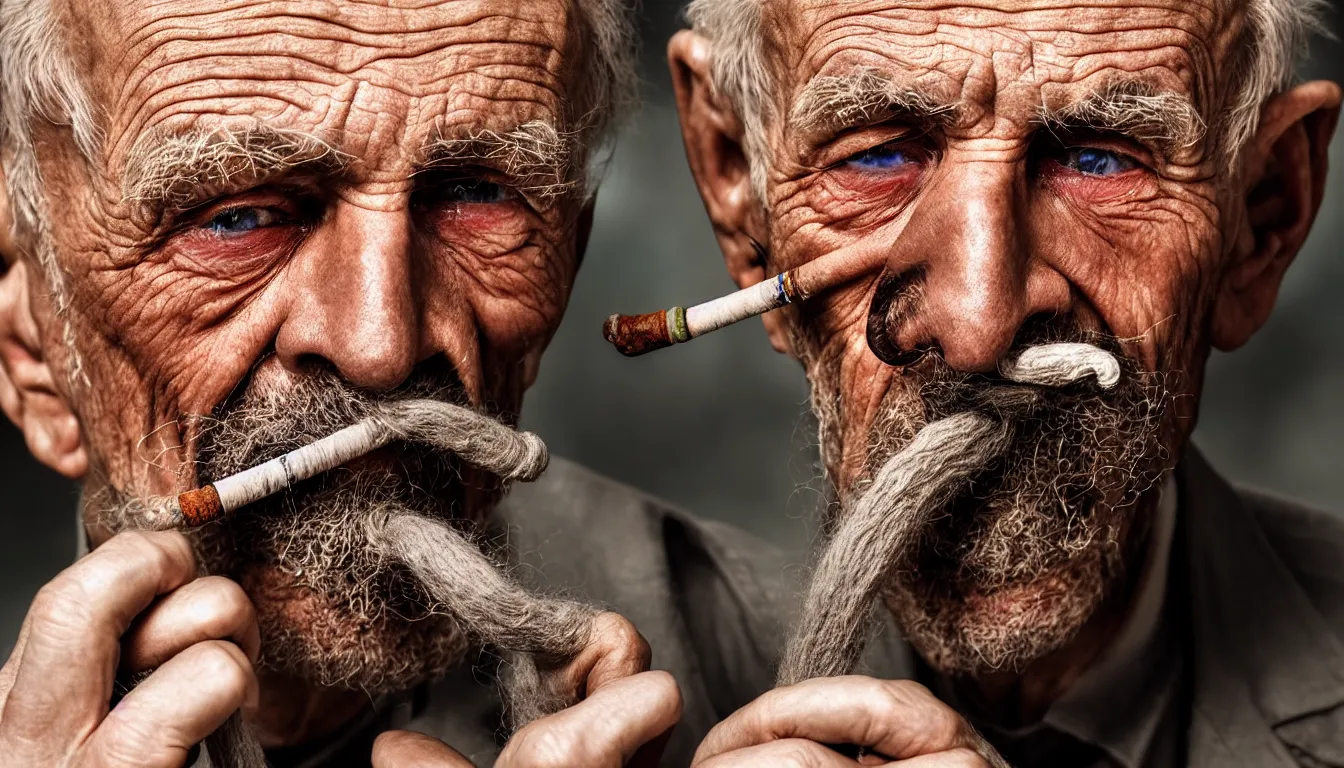 Prompt: hyper realistic color photo, portrait of a single weathered old man smoking pipe, cables and fibres emerge from his mouth and ears, dramatic shadow!!, full colour, upscale, 8 k, masterpiece