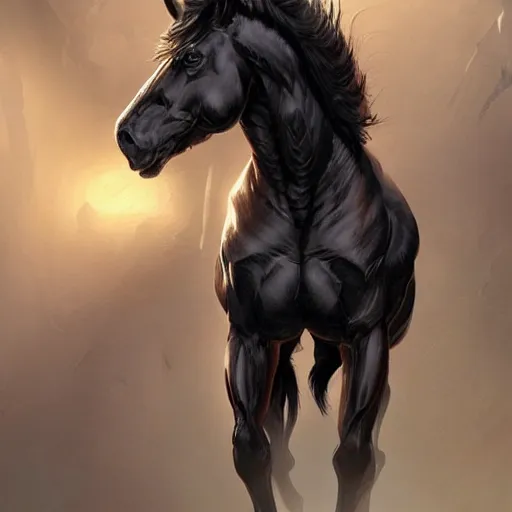 Prompt: an enormously muscular black - coated anthro horse at a research facility wearing skintight body armor, long mane, highly detailed, digital painting, artstation, concept art, illustration, art by artgerm, greg rutkowski, wlop