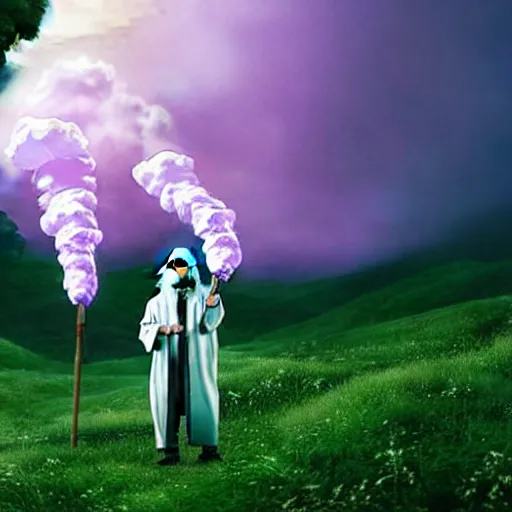 Prompt: snoop dogg with white hair and white beard as gandalf the white, exhaling a huge cloud of magical purple smoke in the vast and lush green fields of the shire, Japanese CGI, VFX, 2003, 40mm lens, shallow depth of field, film photography, volumetric lighting, highly detailed, ultrarealistic