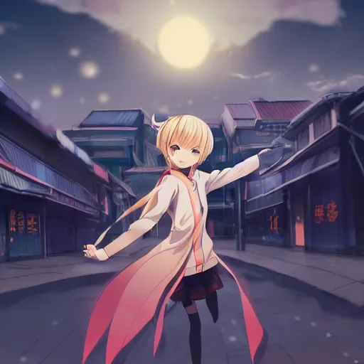 Image similar to Astonishing Pixiv 8K Splash art of an Anime Key Visual Pinterest loli with blond hair and cute pigtails who wears a blue coat with a hood and black shorts when practicing parkour through a big modern city in twilight from Unsplash. She does a superhero pose against a cinematic dark scene of an HDR sunset with faint orange light in Studio Ghibli style. Amazing piece Trending on Artstation and DeviantArt, dynamic lighting,