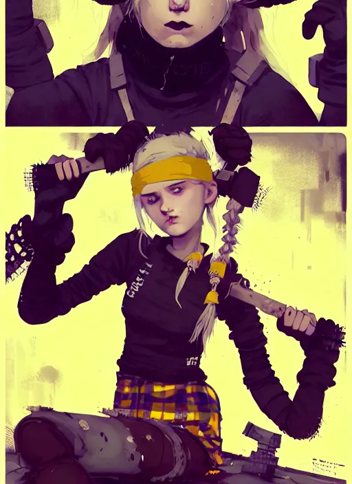 Image similar to highly detailed closeup portrait of a sewer punk pretty swedish female road warrior student, tartan garment, blonde hair pigtails with headband by atey ghailan, by greg rutkowski, by greg tocchini, by james gilleard, by joe fenton, by kaethe butcher, gradient yellow, black, brown and white color scheme, grunge aesthetic!!! white graffiti tag wall background