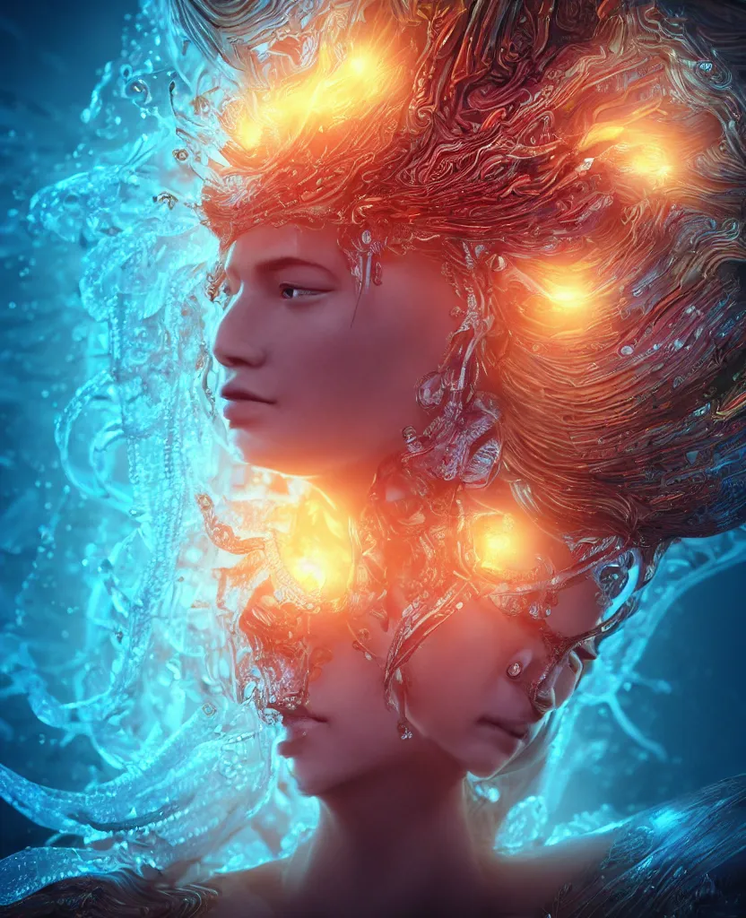 Image similar to close-up macro portrait of the face of a beautiful princess, epic angle and pose, symmetrical artwork, 3d with depth of field, blurred background, cybernetic jellyfish female face skull phoenix bird, translucent, nautilus, energy flows of water and fire. a highly detailed epic cinematic concept art CG render. made in Maya, Blender and Photoshop, octane render, excellent composition, cinematic dystopian brutalist atmosphere, dynamic dramatic cinematic lighting, aesthetic, very inspirational, arthouse. y Greg Rutkowski, Ilya Kuvshinov, WLOP, Stanley Artgerm Lau, Ruan Jia and Fenghua Zhong