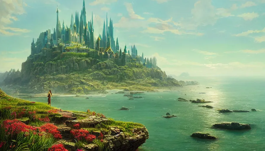 Image similar to a beautiful painting looking across a crystal clear sea at the emerald city from wizard of oz, by greg rutkowski and kalin popov, trending on artstation, masterpiece,