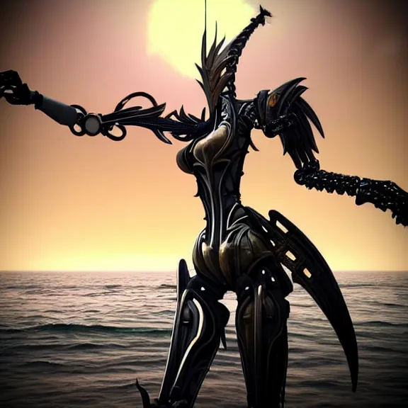 Image similar to looking up at a highly detailed 300 foot tall giant elegant exquisite beautiful stunning valkyr female warframe, as an anthropomorphic robot dragon, posing elegantly over your tiny form, detailed legs looming over you, camera on the ground, at the beach on a sunset, sleek streamlined design, matte black armor with pink accents, sharp detailed claws, detailed sharp robot dragon feet, worms eye view in front of giantess, giantess shot, camera close to the legs, upward shot, ground view shot, leg shot, front shot, epic cinematic shot, high quality warframe fanart, captura, realistic, professional digital art, high end digital art, furry art, giantess art, anthro art, DeviantArt, artstation, Furaffinity, 8k HD render, epic lighting