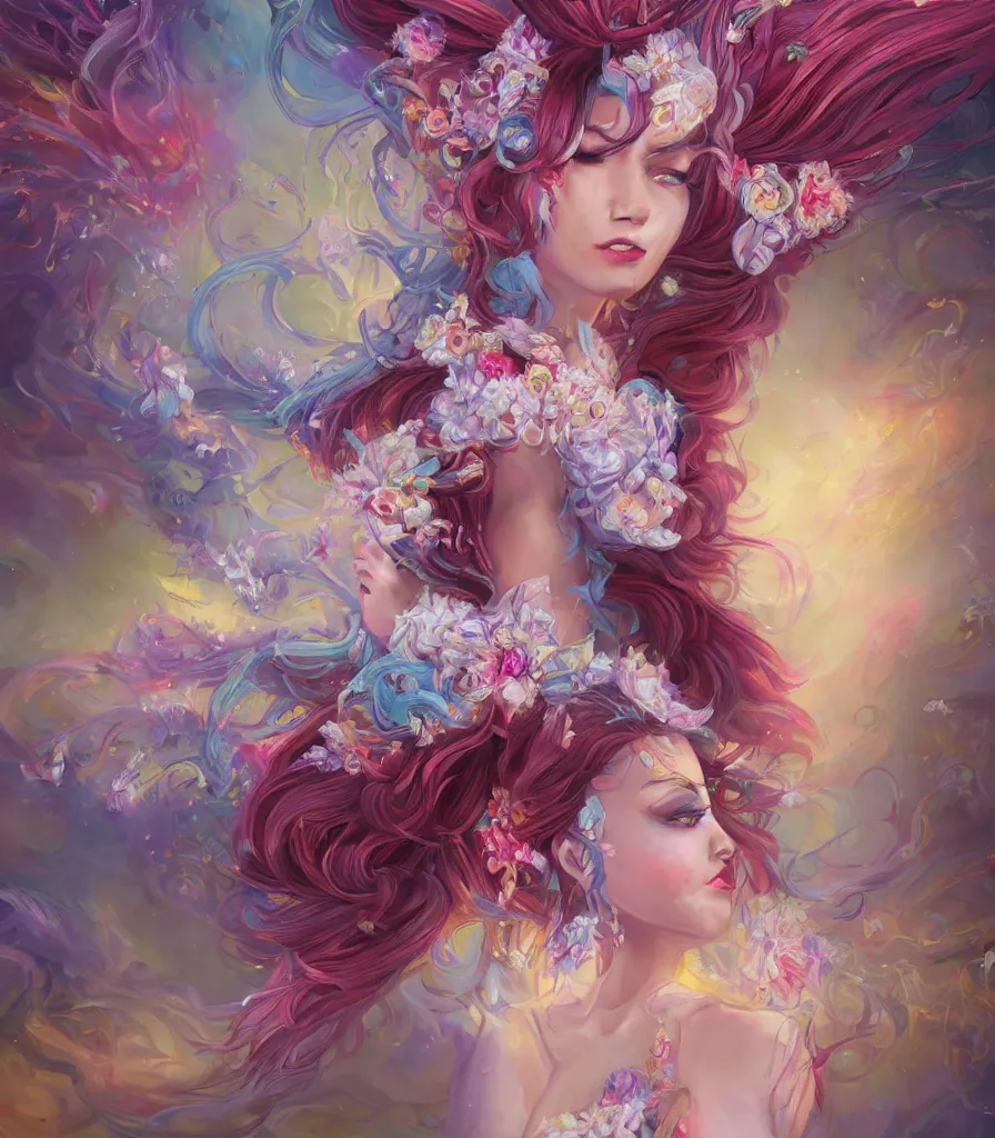 Image similar to a colorful and provenance portrait painting of the fantasy female who with floral wing, highly detailed, her hair made of hair made of air wind and curling smoke and genie, spirit fantasy concept art, art by the wings made of flowers, spirit fantasy concept art, art by aenami, alena, afshar, petros and leonid, trending on artstation.