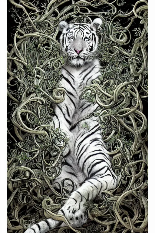 Image similar to ultra realistic full - body white tiger wrapped in vines and white flowers + black paper + elements + white + gold + cyan + baroque + rococo + ink, marc simonetti, paul pope, peter mohrbacher, detailed, intricate ink illustration