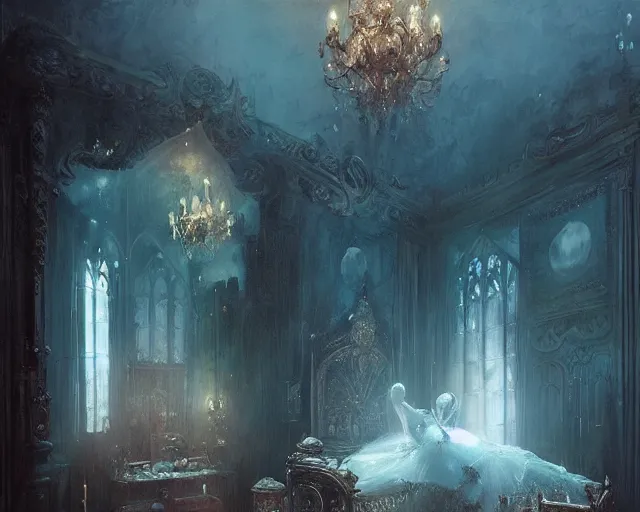 Image similar to gothic mansion room, ornate, magical, elegant, artwork, paint, complimentary colors, bastien lecouffe - deharme, by jeremy mann, by alexander fedosav