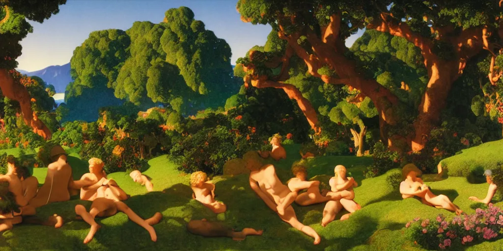 Image similar to !dream a landscape of the Garden of Eden by Maxfield Parrish, digital art 8k