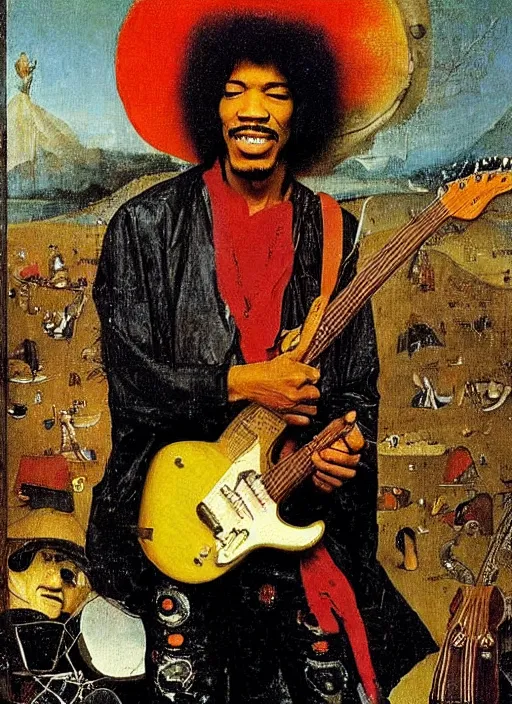 Prompt: jimy hendrix at woodstock by hieronymus bosch