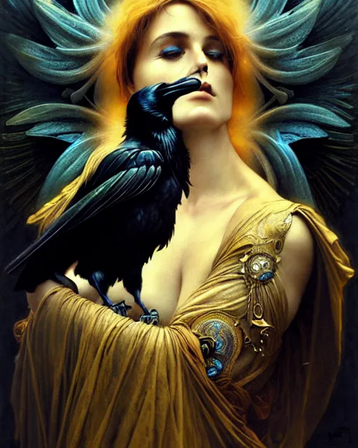 Image similar to goddess of ravens, unusual beauty, emotionally evoking symbolic metaphors, head in focus, fantasy, ornamental, intricate, elegant, sensual, highly detailed digital painting, artstation, concept art, painterly, golden ratio, sharp focus, illustration, art by Artem Demura and Rafael and Alphonse Mucha and Albert Aublet