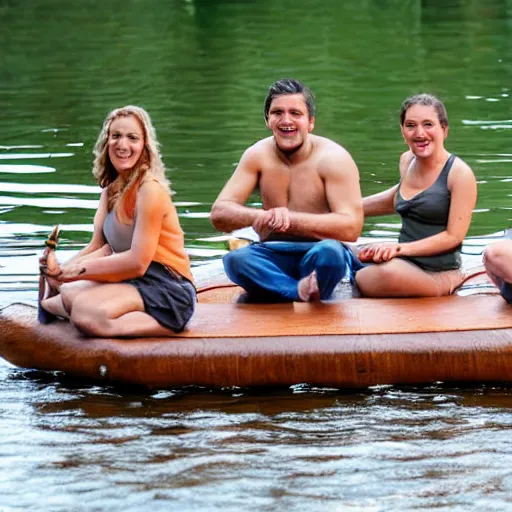 Image similar to four people on a wooden raft