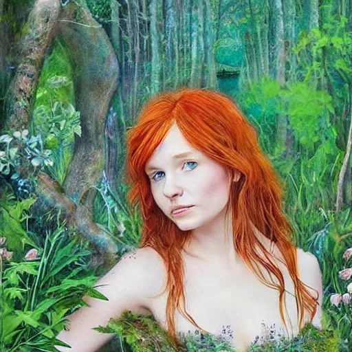 Image similar to Ed Sheeran as a shy forest nymph. beautiful flowing auburn hair and slender feminine body. this nymph is so demure. She plays along the banks of an enchanted river in a cozy glade. I feel happy when I see this wonderful work of art. Highly detailed art.