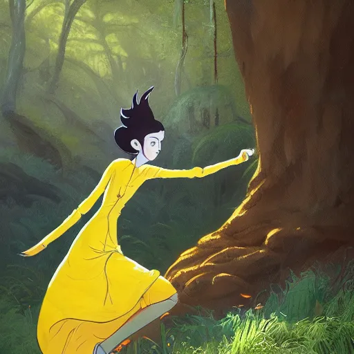 Prompt: concept art painting of an anthropomorphic salvador dali wearing yellow dress, in the deep forest, realistic, detailed, cel shaded, in the style of makoto shinkai and greg rutkowski and james gurney