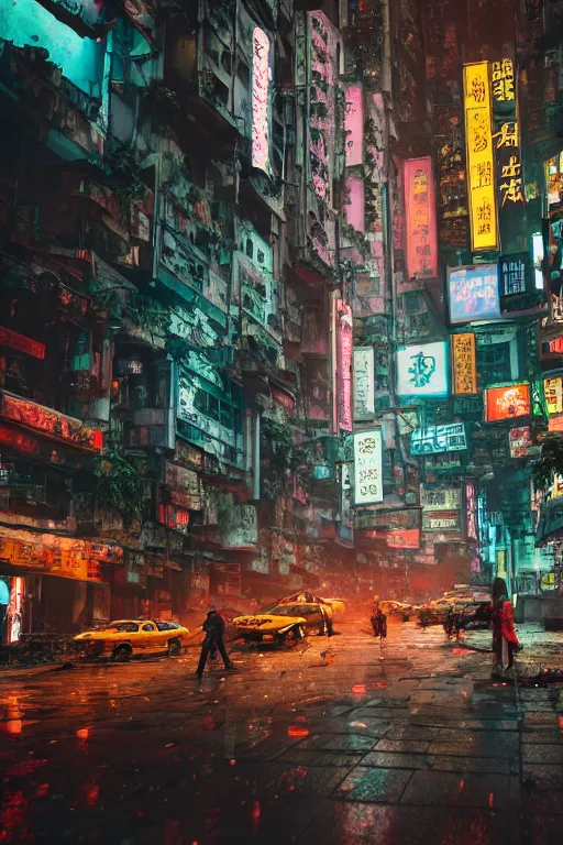 Prompt: cinematic photo of ancient overgrown cyberpunk hong kong with cars and people, night, rain, flowers, beautifully lit, hyperdetailed, unreal engine, photorealistic, denis villeneuve film look, blade runner set