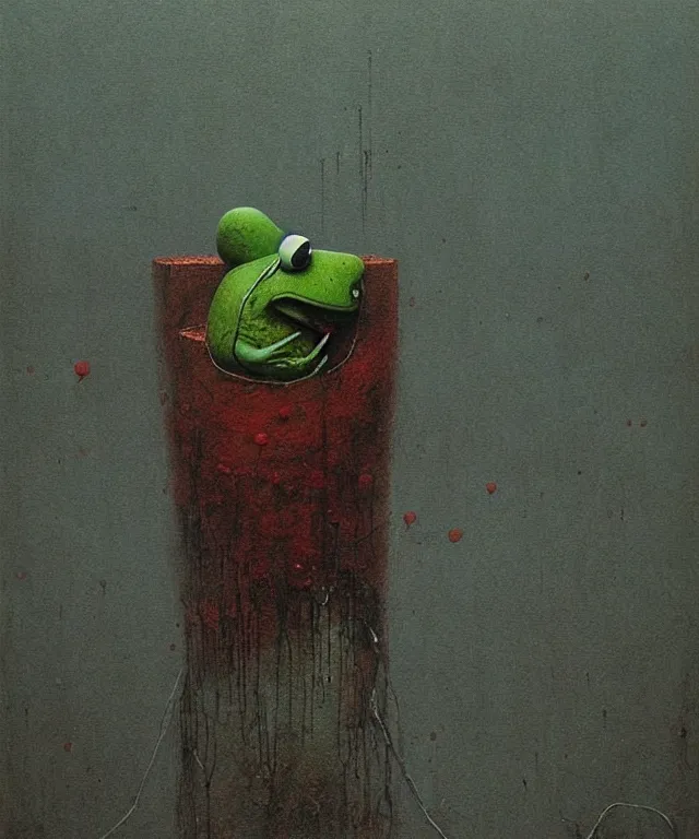 Prompt: bloody Kermit the frog megalophobia by Beksinski, macro