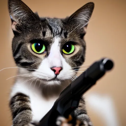 Image similar to a cat holding a gun pointed at the camera, professional photography