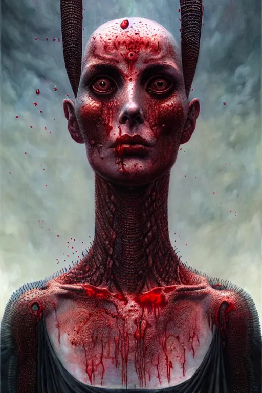 Prompt: gorgeous lilith the mother of all monsters, destroyer! of worlds, blood dripping from eyes, raining ash & smoke, fine art masterpiece, highly detailed dino valls wayne barlowe machiej kuciara, dramatic lighting, long shot, wide angle, uhd 8 k, sharp focus