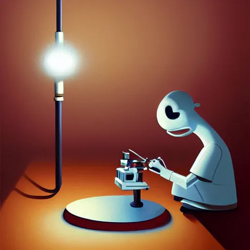 Prompt: goro fujita ilustration a science laboratory, tools for science research, scientist highly detailed looking into microscope, small streaks of light from a lamp, painting by goro fujita, sharp focus, highly detailed, artstation