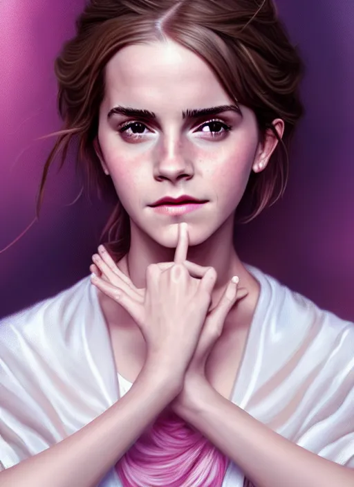 Prompt: emma watson as magic healer, long hair, white and pink cloth, shiny background, intricate, elegant, highly detailed, digital painting, artstation, concept art, smooth, sharp focus, illustration, artgerm, bouguereau