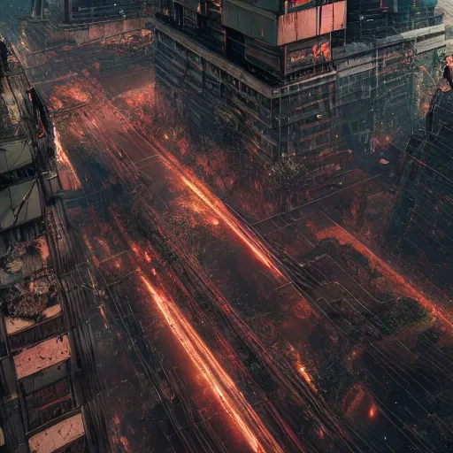 Image similar to terrifying nature destroying a dystopian city, cyberpunk, sharp focus, dynamic lights, still, photograph, hyper realistic, masterpiece, octane render, rendered, 3 d, cinematic, cinematic lighting, dramatic lighting, highly detailed, intricate details, texture, cinematic composition, by donglu yu and kevin jick and eddie del rio