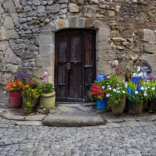 Image similar to Cobblestone walkway through a medieval street with flowers in the windows of the stone buildings on either side