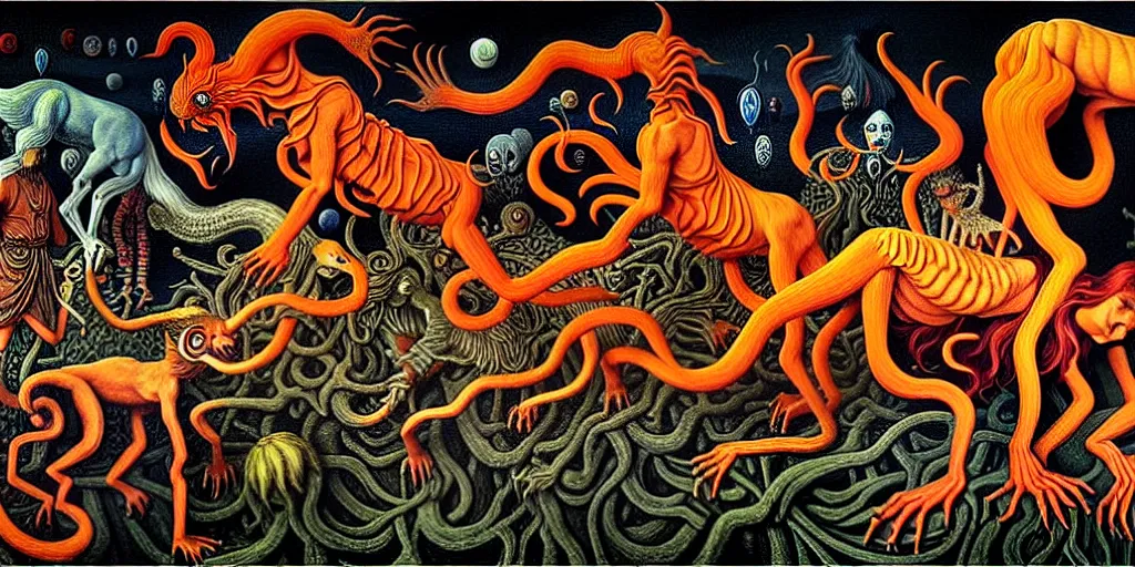 Image similar to fiery wild creatures and monsters in the imaginal realm of the collective unconscious, in a dark surreal painting by johfra, mc escher and ronny khalil