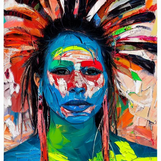 Prompt: photo of a yanomami indigenous, face, palette knife painting, acrylic paint, dried acrylic paint, dynamic palette knife oil paintings, vibrant palette knife portraits radiate raw emotions, full of expressions, palette knife paintings by francoise nielly