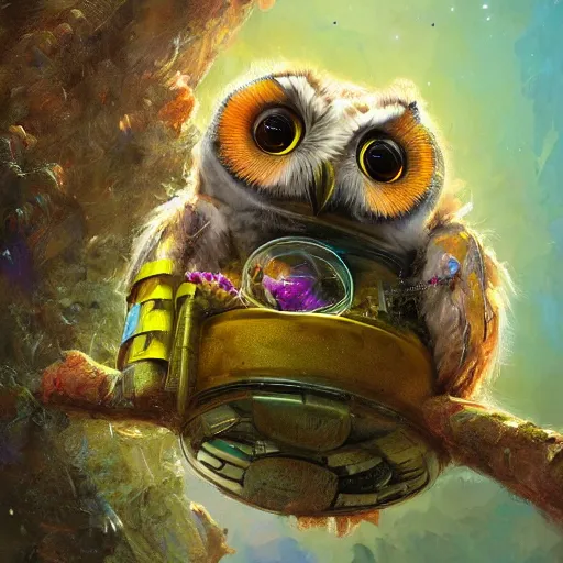 Prompt: long shot of a very cute owl chick nesting in a very futuristic cup, esao andrews, m. w. kaluta, john berkey, humorous illustration, hyperrealistic, big depth of field, warm colors, night scenery, low light, 3 d octane render, 4 k, conceptart, hyperdetailed, hyperrealistic, trending on artstation