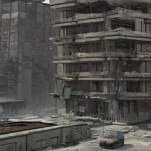 Prompt: post apocalypse building. high details, photorealistic, artstation trending