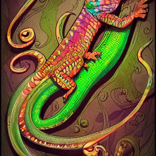 Image similar to chameleon changing colors, d & d style, trending on artstation, colorful, intricate, art by aurore folny