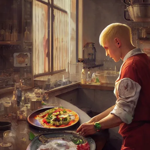 Image similar to slim shady as a pasta chef, highly detailed, intricate, digital painting, artstation, sharp focus, illustration, art by jakub rozalski, greg rutkowski, artgerm, tan zi and ayanamikodon and alphonse mucha and wlop